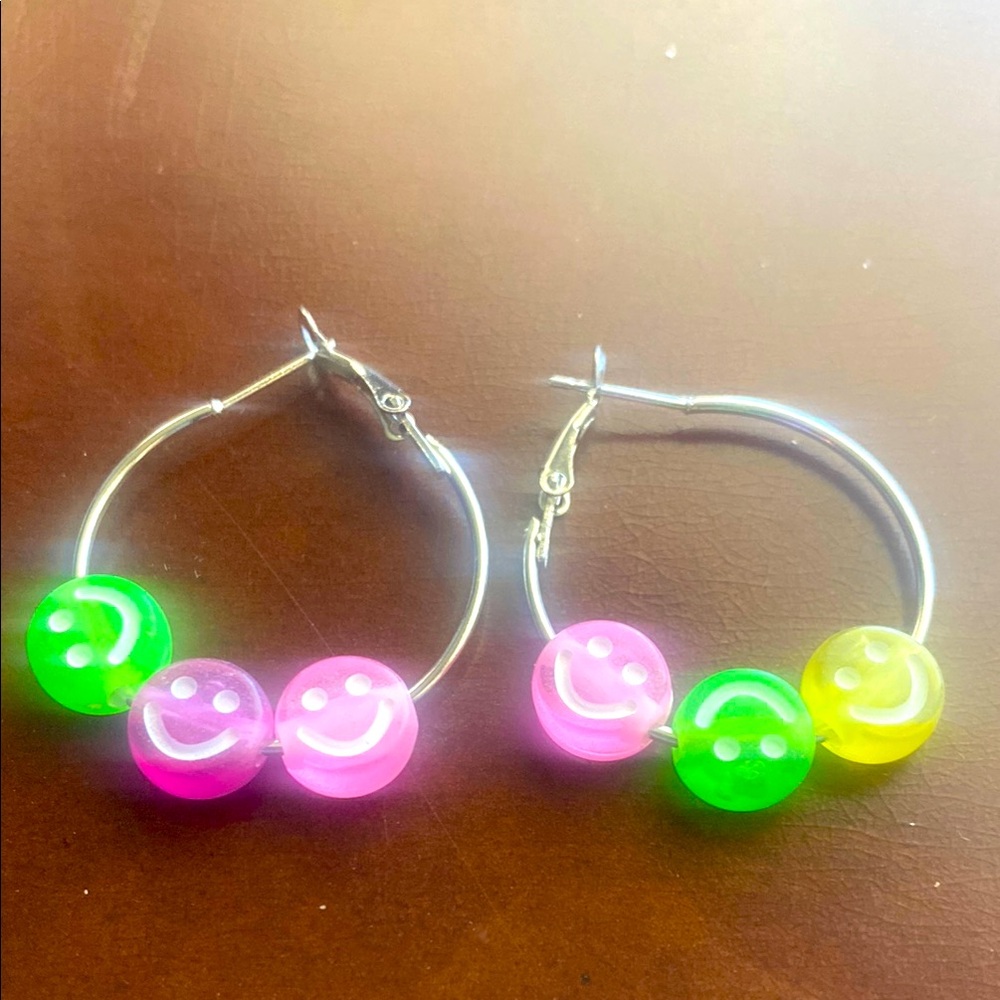 Colorful Smiley Face Hoop Earrings New